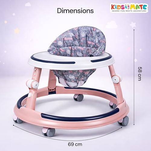 Image of Kidsmate Kiddo Baby Walker for Babies of Ages 6-24 Months | 3 Level Height Adjustable Baby Walkers, Seat Adjustment, 360 Rotating Wheels | Foldable Design & Soft Breathable Cushion Seat - Soft Pink