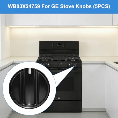 Image of Upgraded WB03X24759 Stove Knobs Compatible with GE Gas Range Oven Knob, JGB645DEK1BB, JGB645DEK2BB, JGB660DEJ1BB, Surface Burner Cooktop Control Replacement KIP 5G92, 222D5793-5 Pack Black