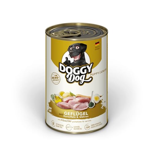 DOGGY Dog Paté Geflügel Puppy/Junior, 6 x 400 g, Nassfutter für junge Hunde, getreidefreies Welpenfutter mit Lachsöl und Grünlippmuschel, Hundefutter mit Kartoffeln und Möhre, Made in Germany