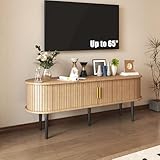 Fohufo Wood TV Stands for Living Room - 54'' Mid-Century Modern TV Stand for Bedroom with Tambour Doors and Storage Cabinet, Media TV Console up to 65'' TVs, Fluted Entertainment Center