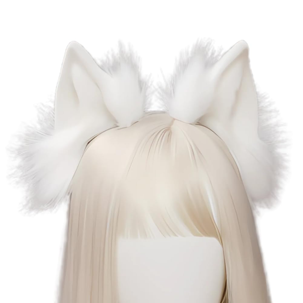 [ALVEIN] カチューシャ 猫耳 コスプレ ケモミミ 耳曲げ 耳 角度 調節可能 ふせ耳 たれ耳 モフモフ 狐耳 小道具 男女兼用 獣耳 イヤリング付き ハロウィン 文化祭 リアル パーティー 学園祭 仮装 イベント (ホワイト)
