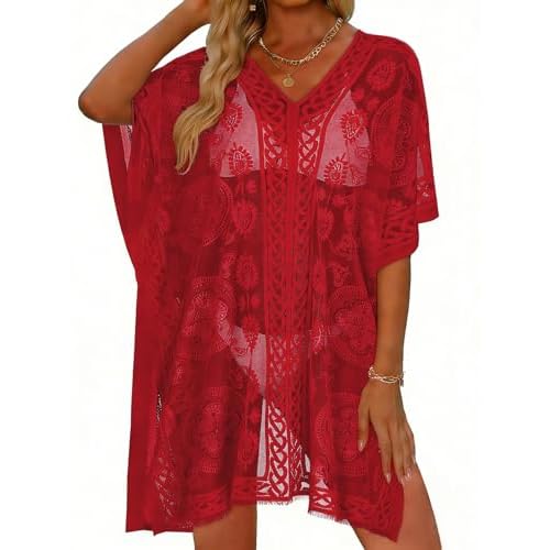 Womens Lace Bathing Suit Cover Up V Neck Beach Coverup Summer Swim Coverups Loose Bikini Beach Dress (Bright Red)