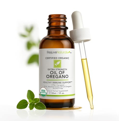 RejuveNaturals Extra Strength Oil of Oregano, USDA Organic, 1 fl oz (30ml Liquid) Wild, Mediterranean Oregano Oil. Concentrated Immune Support Drops. Gluten Free, Vegan & Non-GMO. Min 77% Carvacrol