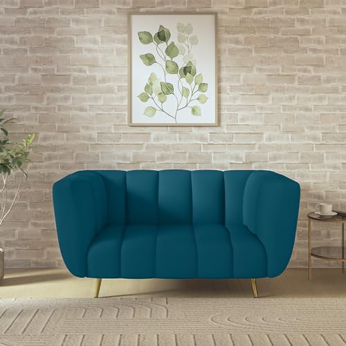 Wakeup India Mushy Premium Fabric Sofa Set | 2 Seater Sofa | Pocket Spring Cushion | Padded Cushioned Armrest 2-Person Sofa | Metal Leg with Golden Polish (Peacock Blue, Seating-2) | 3 Years Warranty