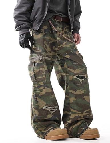 Y2k Hip Hop Wide Leg Denim Pants Distressed Ripped Camo Pants2