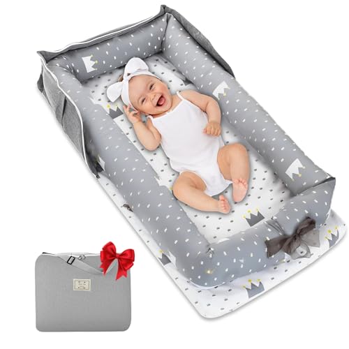 Image of Baby Lounger for Newborn 0-24 Months, Baby Nest Cover Breathable and Soft Cotton, Infant Lounger with U-Shaped Safety Bumper for Cozy Comfort Baby Essentials (Crown Grey)