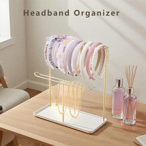 Image of Headband Holder Organizer Metal 2-Tier with Tray, Necklace Storage Hairband Rack Hair Accessories Display Stand Stand Home Bedroom College Dorm Decor for Girls Women (Gold)