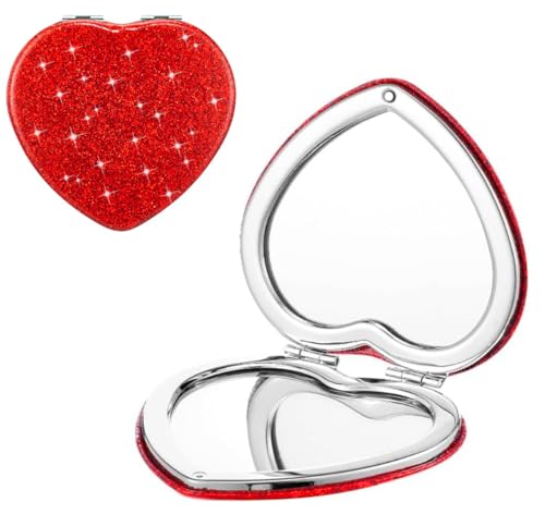 mpowtech Red Heart Shaped Compact Mirror for Purse,1x/2x Magnification Cute Travel Mirror with Glitter,2.76 inch Double-Sided Mini Folding Mirror,Small Pocket Mirror for Gift,Travel Essentials