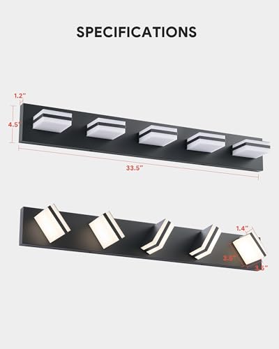 Image of VONLUCE Bathroom Vanity Light Fixture, 5-Light Modern LED Vanity Light, 3CCT Adjustable Bathroom Lights with Memory Function Rotatable Shades, 34 inch Wall Lighting Fixture Over Mirror, Matte Black