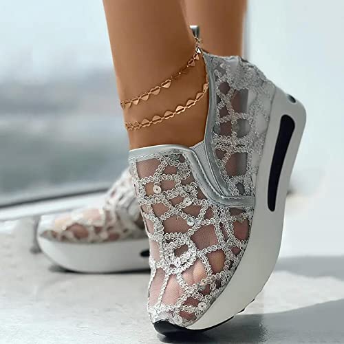 Floral Embroidery Sneakers for Women 2025 Platform Wedge Shoes Breathable Sheer Mesh Lace Fashion Sneakers with Arch Support Womens Slip On Loafers Comfortable Casual Walking Shoes2