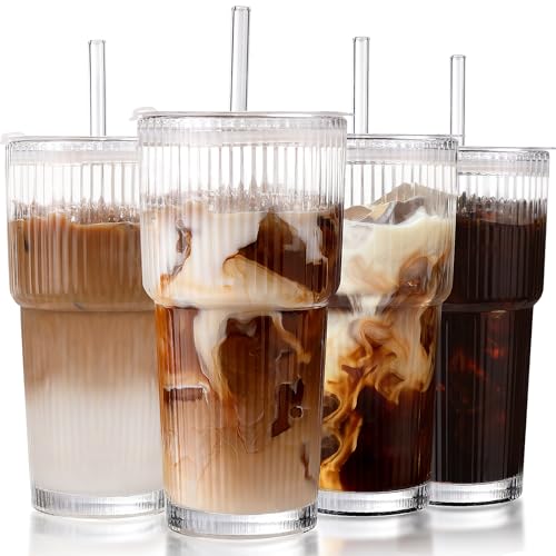 MHDCLY Iced Coffee Cup Glass Tumblers 4PCS 600ML Glass Cups with Lids and Straws Drinking Glasses with Lids and Glass Straw Set Smoothie Cup Coffee Glasses