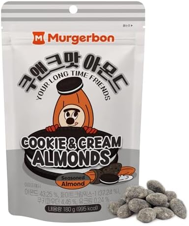 MURGERBON Cookies and Cream Almonds - Chocolate Coated Almonds, Healthy Snack Alternative, Chocolate Almonds in Resealable Bag, Korean Almonds Chocolate Coated, Korean Snack, Flavored Almonds Bulk, Office Snacks Nuts, Lunch Snacks for Adult and Kids, Pack of 1