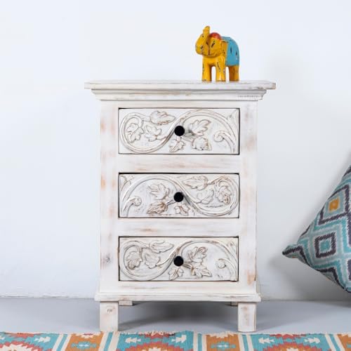 Image of Wooden Bedside Table for Bedroom | Solid Wood Kemi Bedside Table with Drawers | Corner Side Table for Living Room | Traditional Handcrafted Furniture for Home Decor (White Distress)