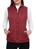 Allegra K Ladies Stand Collar Zippered Slant Pockets Quilted Padded Vest Red M