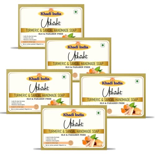 Image of Khadi Turmeric & Sandal Handmade Bathing Soap Bar 125g (Pack of 5) | Natural & Herbal | Glowing & Brightening Skin | For Even Skin Tone & Breakouts | All Skin Types | For Men & Women