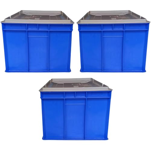 SINGHAL Plastic Crate 600x400x275 MM with Lid - Pack of 3, Multip...