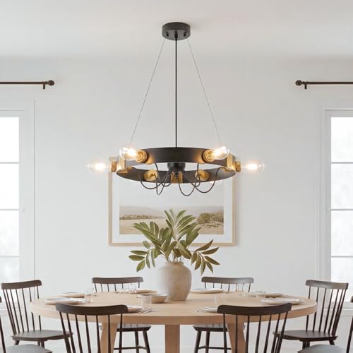 Image of 6-Light Wagon Wheel Chandelier, Black Gold Farmhouse Pendant Light | 21.4 Inch Industrial Pendant Light for Kitchen Island, Adjustable Hanging Height, Rust-Proof, ETL Certified, E26 Sockets
