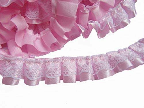 YYCRAFT Pack of 5y Satin Ribbon Lace Edge 1 Inch Trim Vintage Bridal Wedding Ribbon Sewing-Pink