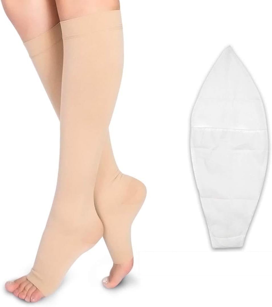 Compression Socks 20-33mmHg Firm Support Open Toe Knee High Length Professional Care with Auxiliary Wear Socks Sleeve for Varicose Veins Edema Teacher Nurse Travel