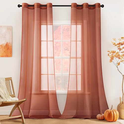 MIULEE Solid Color Sheer Curtains 84 Inches Long 2 Panels Set - Fall Terracotta Rust Lightweight Grommet Light Filtering Window Voile Drapes/Treatment for Bedroom Living Room W42 x L84, Burnt Orange