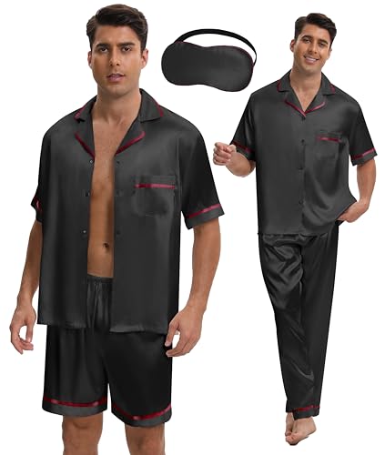 SEALINF Silk Pajamas for Men 4 Pcs Short Sleeve Button Down Sleepwear Satin Pajamas Set Shorts Long Pants Pjs with Sleep Mask