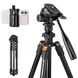 K&F Concept Video Tripod,Lightweight Travel Tripod with 3-Way Swivel Pan Tilt Head Load 3kg/6.6 lbs,Cellphone Holder Smartphone Clip Quick Release