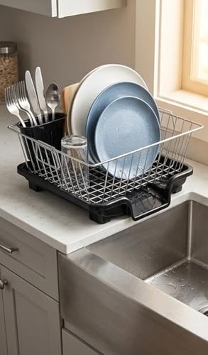 Image of Stainless Steel Dish Drying Rack with Drain Tray, Kitchen Countertop Dish Drainer Basket with Utensil Holder, Plate & Glass Organizer, Rustproof Compact Dish Rack for Kitchen Sink