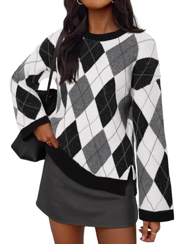 MEROKEETY Women's Long Sleeve Sweaters 2025 Fall Argyle Plaid Crewneck Loose Color Block Knit Pullover Tops, Grey, Large