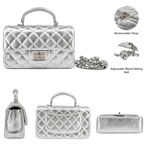Image of M-ioi-M Small Quilted Crossbody Bag for Women, Genuine Leather Mini Shoulder Flap Purse with Gold Chain Strap & Top Handle