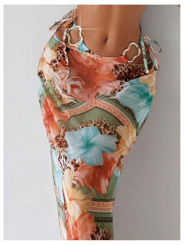 WDIRARA Women's 3 Piece Floral Halter Bikini Set Ring Linked Leopard Print Swimsuit with Coverup Skirt4