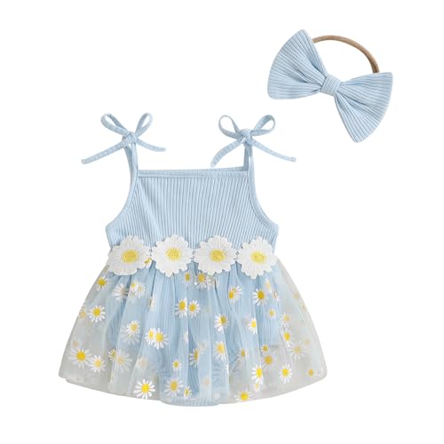 Image of Baby Girl Clothes Daisy Ribbed Bodysuit Sleeveless Romper Dress Summer Outfit for Girls Newborn 3 6 9 12 18 Months