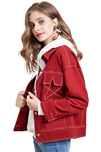 Artka Women's Classic Button Up Red Contrast Stitch Denim Jacket Jean Jacket