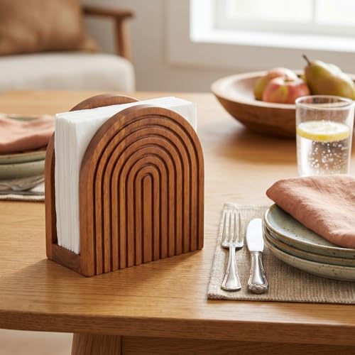 Image of Natural Wooden Napkin Holder, Boho Style, Burlywood