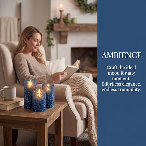 Image of Blue Flameless Candles with Remote, Real Wax Glass Battery Operated Candles with Timer, LED Pillar Candle for Bedroom Home Wedding Birthday Party Fall Halloween Christmas Decorations, Set of 3