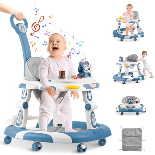 Image of Baby Walkers, 5-in-1 Multifunctional, Height Adjustable, Foldable, Activity Center with Wheels &Music &Toys Tray, Infant Toddler Walker for Boys and Girls 6-24 Months(Blue)