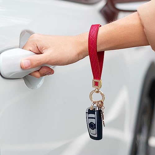 Image of OHKYOOT Leather Wristlet Keychain,Wrist Keychain Car Key Chain with 5 Key Ring and Anti-Lost D Ring