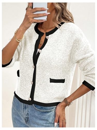 Image of MakeMeChic Women's Knitted Cardigan Sweater Casual Button Front Long Sleeve Crew Neck Sweaters Tops White Medium