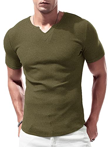 Lehmanlin Hombres Ajustado Manga Corta Camiseta Casual Cuello Pico Camisetas Poliéster y Elastano Marrón L
