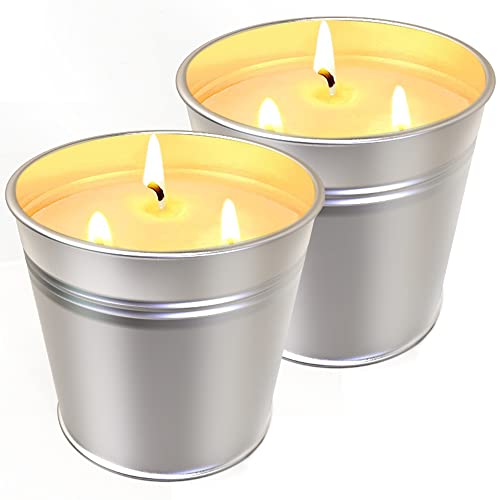 Paquete de 2 velas grandes de citronela para interiores y exteriores, cubo de metal de 20 onzas, velas de cera de soja de 3 mechas para patio, hogar, buenas para regalo de verano