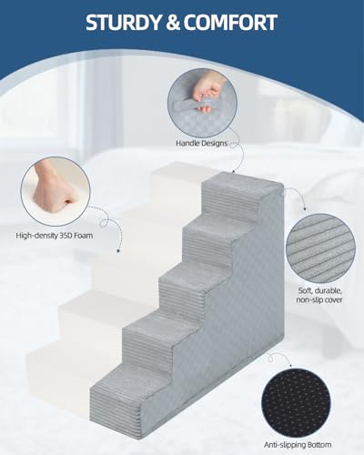 Image of Vfrog Dog Stairs for Small Dogs,17.5 inch H,4-Step Dog Steps Ramp for Bed and Couch with High Density Foam,Non-Slip Pet Steps for Dogs and Cats,Pet Stairs with a Washable Cover,Grey