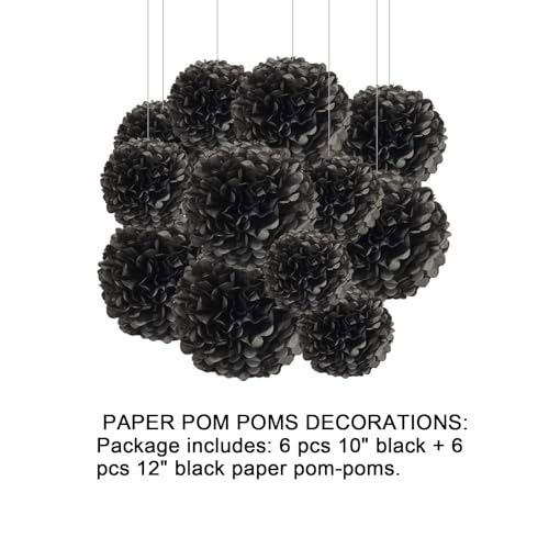 Image of 12pcs Black Paper Pom Poms Decorations for Party Ceiling Wall Hanging Tissue Flowers Decorations - 1 Color of 12 Inch, 10 Inch