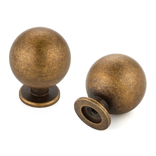 Antique Brass Cabinet Knobs 12 Pack Round Ball Drawers Knobs, 1" Diameter