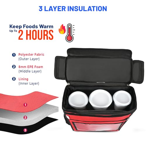 Image of Foldable Multi-Meal & Pizza Delivery Bag, Insulated Thermal Food Carrier, Leak-Proof, Lightweight, Red (14 x 6 x 18 Inch)