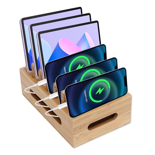 Tissting Charging Station Organizer for Multiple Devices, Wood Cell Phone Desk Docking Portable Tablet Computer Organizer Storage Box for Home Office(19x12x9cm / 7.5x4.7x3.5in)