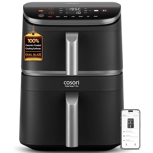 Cosori Turbo Tower Pro Dual Air Fryer, 10.8L Ceramic Coating, Stacked Space-Saving Design, DualBlaze Even Heat Tech, Rapid Heat System for Faster, Crispier Cooking, Smart Control, Energy Efficient