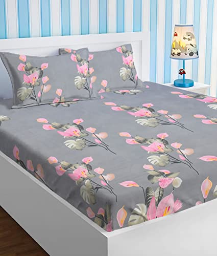 Image of HOMEKART Premium Cotton Elastic Fitted Bedsheets with 2 King Size Pillow Covers Double Bed with All Around Elastic Supersoft Size - 72 x 78 +10 inches Flower Print Pink and Grey 200 tc - 220 tc