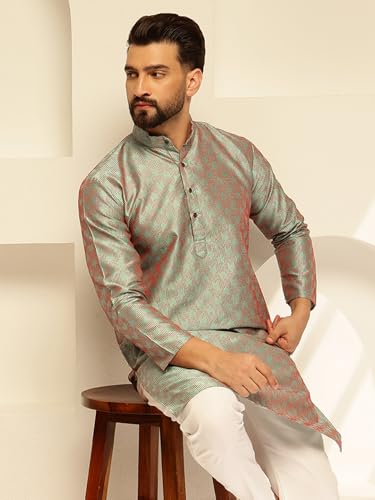 Image of SOJANYA (Since 1958 Men's Jacquard Silk Contrast Red Thread Woven Design Kurta With Pyjama