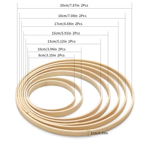 KOXXIAMOQ 14 Stück Holzringe zum Basteln, Bambus Holzreifen, Traumfänger Ringe, Bastelringe Holz Makramee Ringe für Blumenkranz DIY Handwerk Hochzeitskranz Wandbehang Deko(8/10/13/15/17/18/20 cm)
