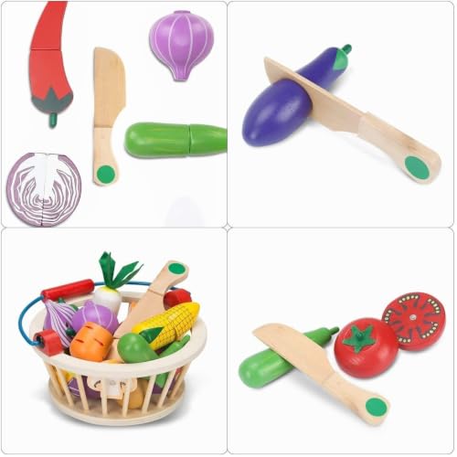 Image of Wooden Magnetic Vegetable Cutting Toys for Kids 3+ Years, Pretend Play Kitchen Food Set with Basket & Wooden Knife, Montessori Learning Toy, Educational Gift for Boys & Girls