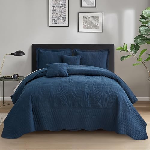 Image of Bedspread oversized King 120x118,Beautiful Leaf Stitching,5 PC, Navy